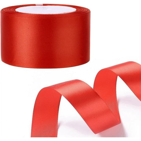 Polyester 2 Inch Red Ribbon Classic Silky Polyester Satin Ribbon Wide Soft Smooth Soild Christmas Decorative Ribbons Bundle Roll for Sewing
