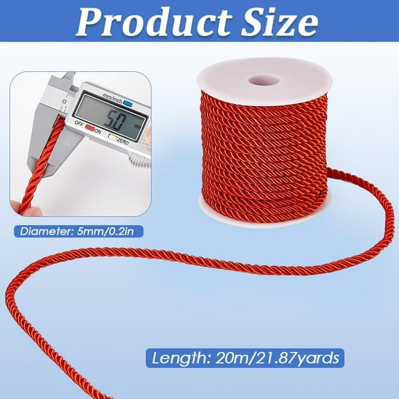 Polyester 20M/21.87 Yards Decorative Cord Rope Twisted Cording Trim 5mm Red Polyester 3-Ply Silk Twine String Twist Thread Graduation Honor Cords for Home Decor Bag Upholstery Curtain Tieback