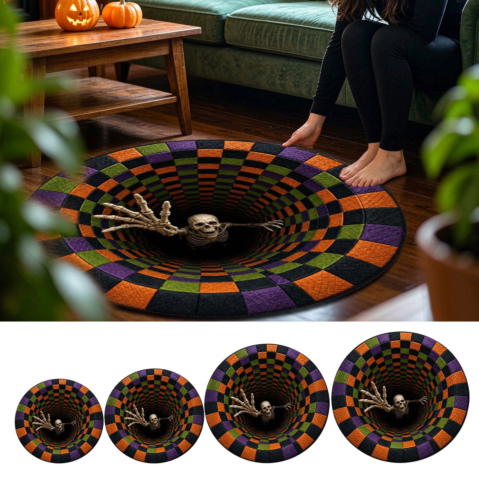 Polyester 3D Vortex Illusion Skeleton Checkered Halloween Round Area ...