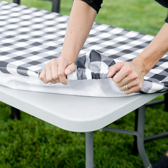 Polyester 4ft Fitted Table Cloth Rectangle Table, Elastic Table Runner, Picnic Table Cover, Fitted Outdoor Tablecloth for 4 Foot Tables, Picnic Table Cover Indoor, Washable 48 x 30 inch, Black Gingham