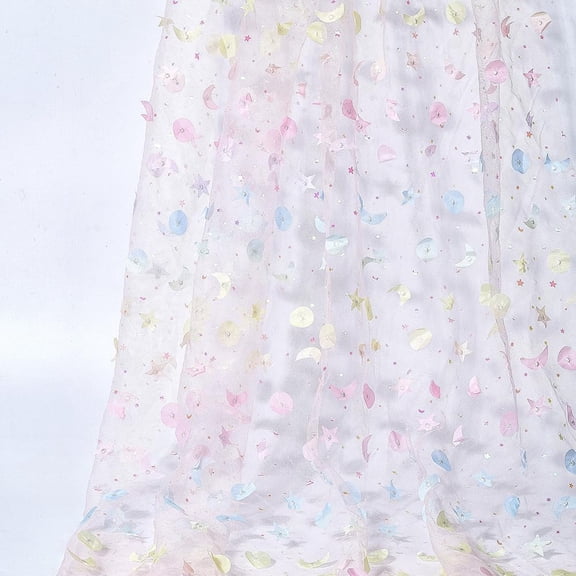 Polyester 64.57 Inch Pink Star Moon Sheer Fabric 3D Soft Glitter Netting Tulle Mesh Fabric by The Yard Breathable Voile Net Lace Cloth for Sewing Making Crafts