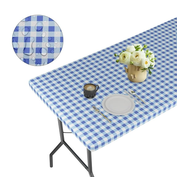 Polyester 6ft Fitted Table Cloth Rectangle Table, Elastic Table Runner, Picnic Table Cover, Fitted Outdoor Tablecloth for 6 Foot Tables, Picnic Table Cover Indoor, Washable 72 x 30 inch, Blue Gingham