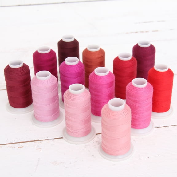 Polyester All-Purpose Sewing Thread 13 Cone Red/Pink Shades Set - 600m Cones - Strong Lint Free Spun Polyester - 50S/3 Weight