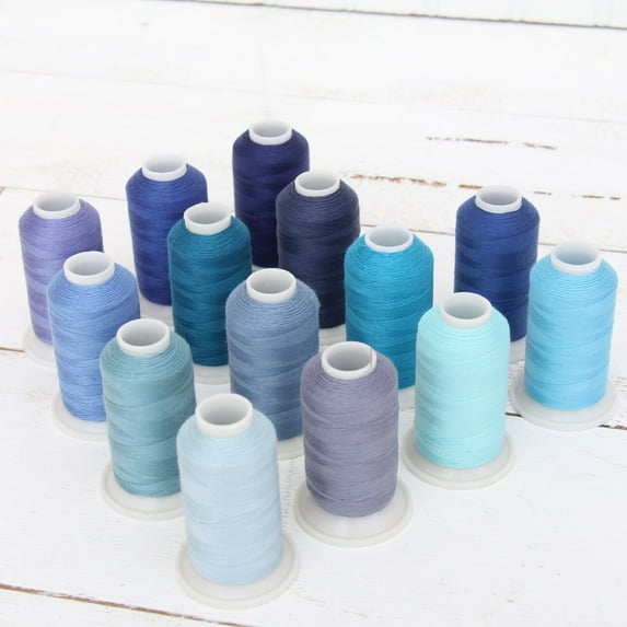 Polyester All-Purpose Sewing Thread 14 Cone Blue Shades Set - 600m Cones - Strong Lint Free Spun Polyester - 50S/3 Weight
