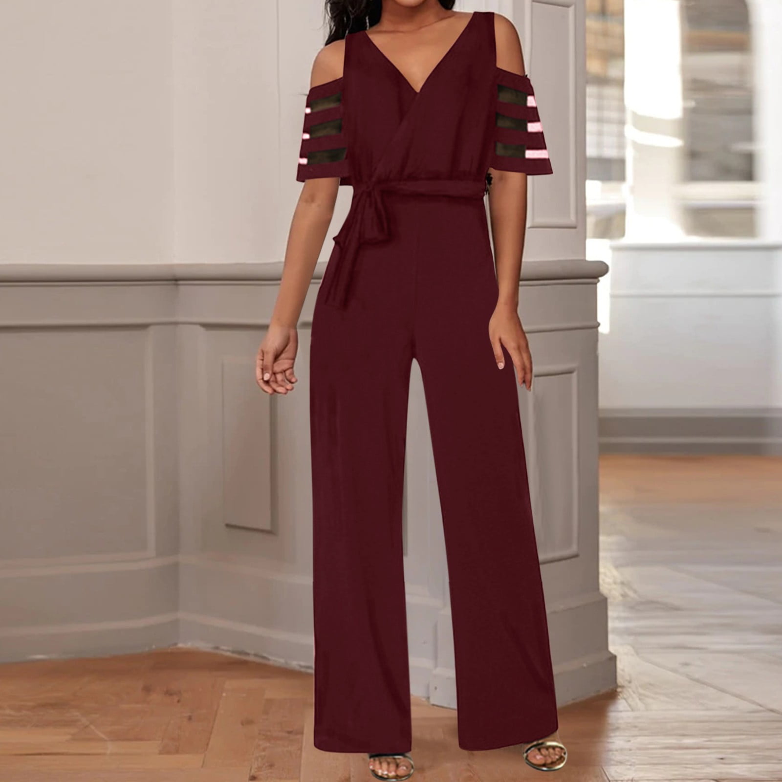 Polyester Ankle Length V Neck Off Shoulder Jumpsuits for Women Red Leisure Solid Color V Neck Weekend Fashion Belt Romper Long Playsuit Cold Mesh