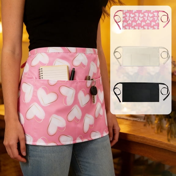 Polyester Apron Pink Waterproof Waist Apron for Servers Polyester Kitchen Half Apron with Pockets Work Apron(1Pc) by JASKFLY