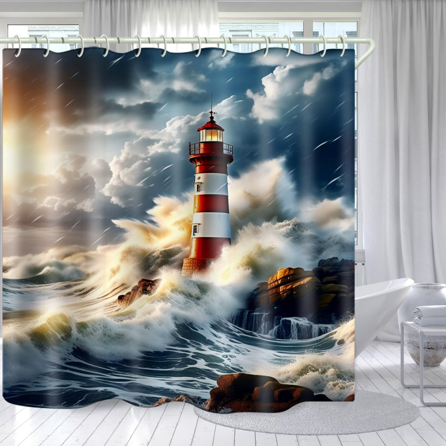 Polyester Bath Blind Set Hooks & Liners in Bath Room Shower Curtains