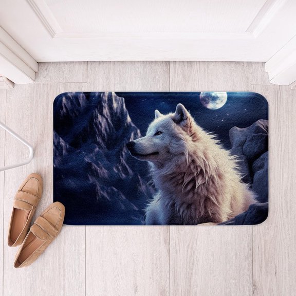Polyester Bath Rug Soft Fleece Door Carpet White Wolf Non Slip Bath Mat Galaxy Moon Sky Wildlife Bathroom Floor Indoor Doormat, 16 x 24 Inch