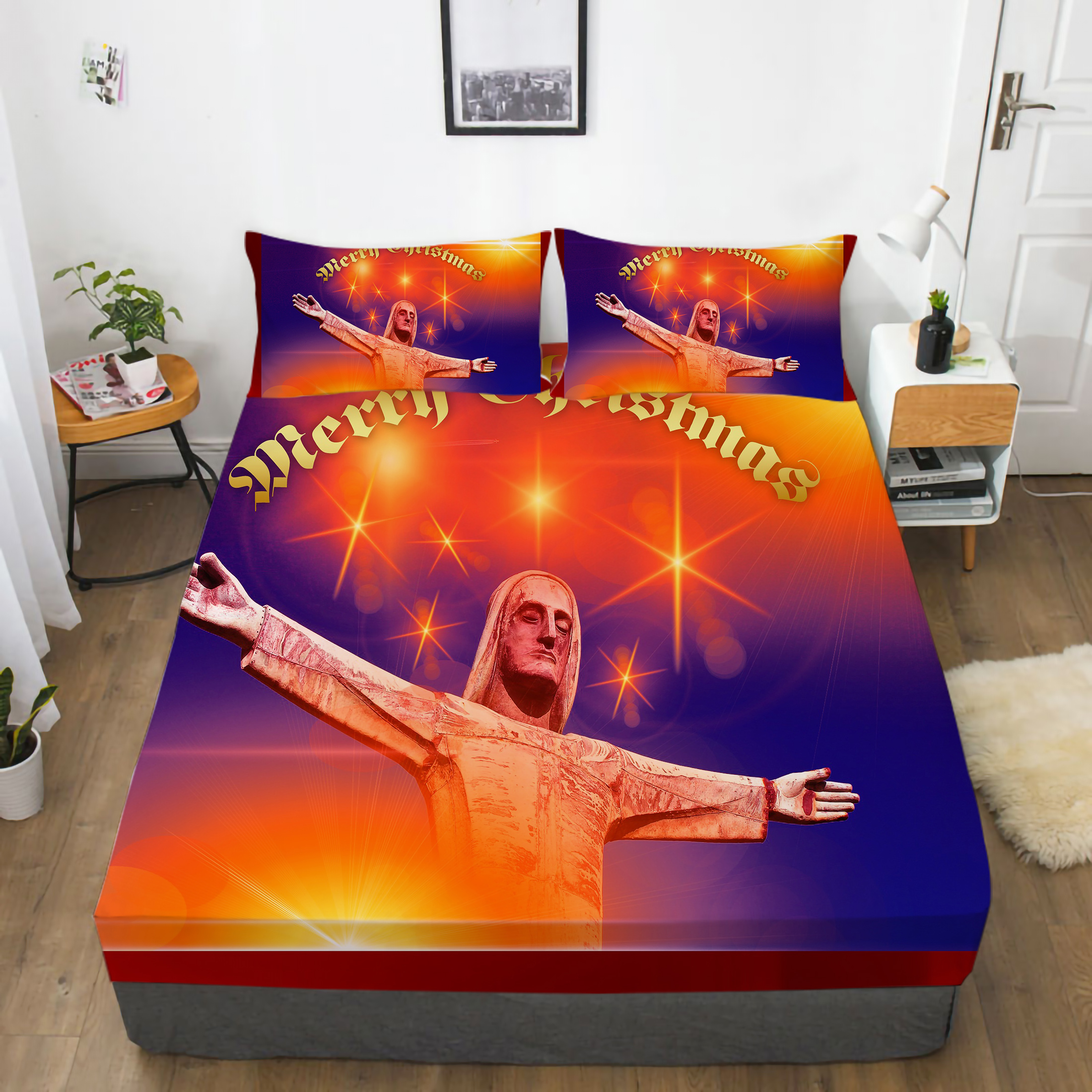 Polyester Bed Sheets Luxury Merry Christmas Painting Festival Gift For