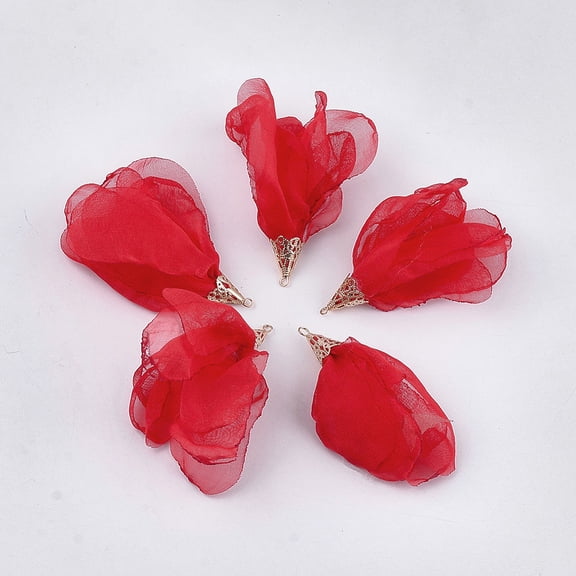 Polyester Big Pendants with Iron Findings Flower Light golden Red 63~67x10mm Hole: 1.5~2mm