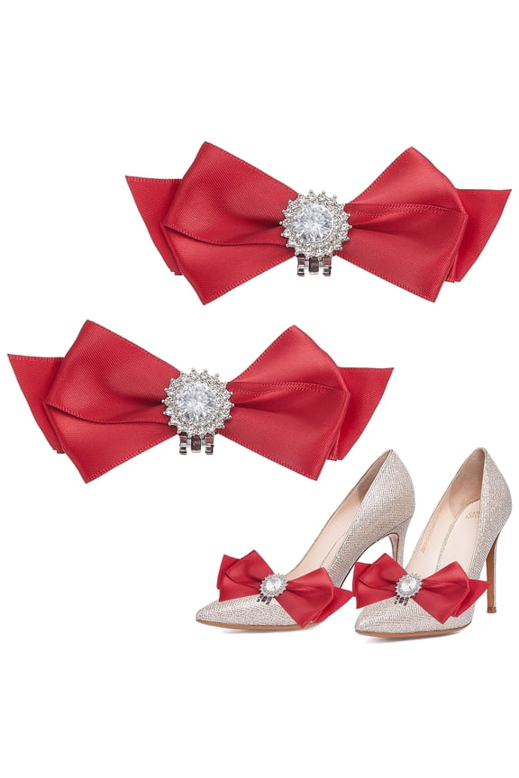 Polyester Bowknot Shoe Decorations with Glass Rhinestone Alloy Clip Red 45x103x19mm