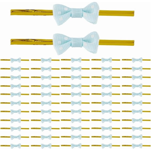 Polyester Bowknot with Iron Wire Twist Ties for DIY Gift Wrap Wedding Candy Party Decoration Light Cyan 14x79x4mm 100pcs/set