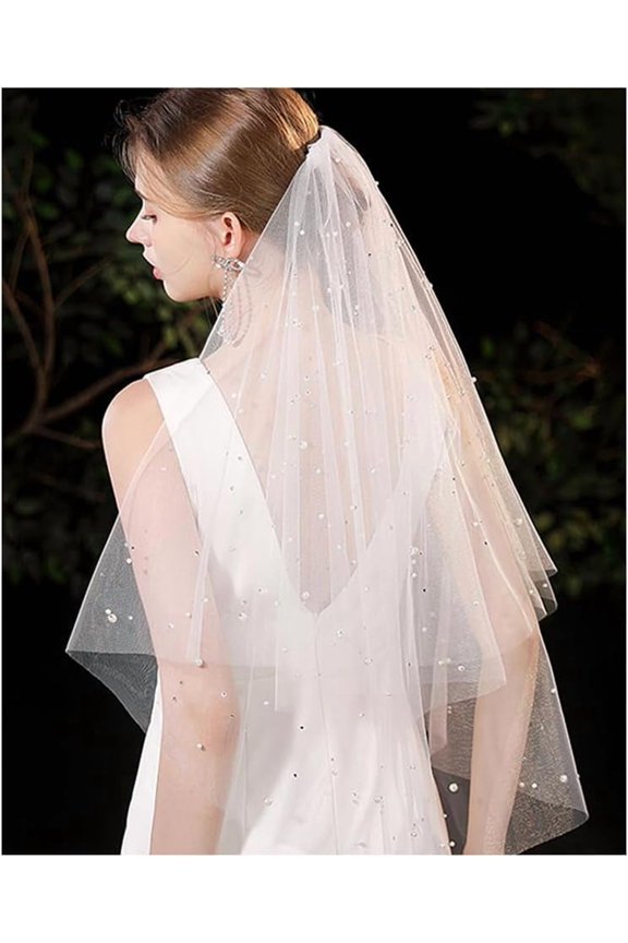 Polyester Bridal Mesh Veil Bridesmaid Favors Tulle Short Wedding Head Veils Covering Headband for Bride Women Bachelorette Party Decorations with Pearl Metal Hair Combs White 820mm for DIY