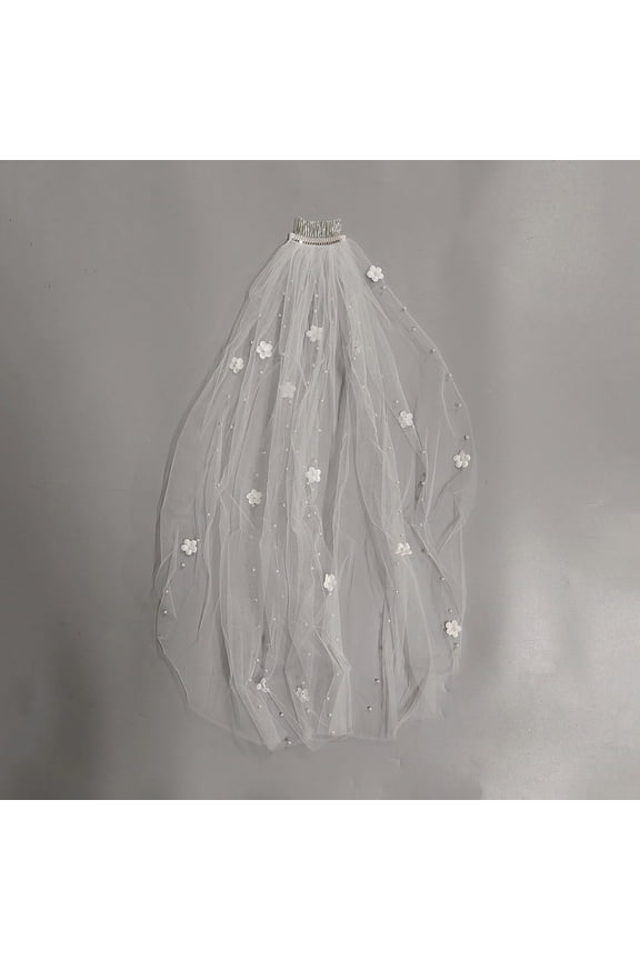 Polyester Bridal Mesh Veil Bridesmaid Favors Tulle Short Wedding Head Veils Covering Headband for Bride Women Bachelorette Party Decorations with Pearls Metal Hair Combs Flower White 810mm DIY