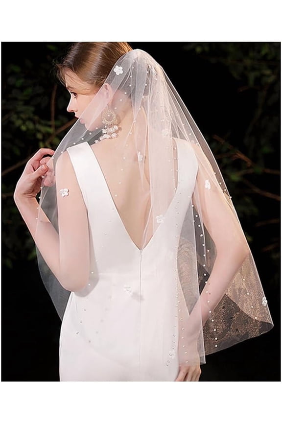 Polyester Bridal Mesh Veil Bridesmaid Favors Tulle Short Wedding Head Veils Covering Headband for Bride Women Bachelorette Party Decorations with Pearls Metal Hair Combs Flower White 810mm for DIY