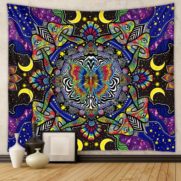 Polyester Butterfly Mushroom Wall Hanging Tapestry Rectangle Trippy Tapestry for Wall Bedroom Living Room Decoration Blue 1500x1000mm
