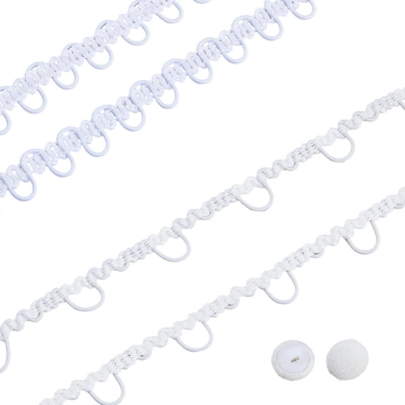 Polyester Button Loop Elastic Lace Ribbon with Plstic Shank Buttons White 1/4~5/8 inch(5.5~14.6mm)