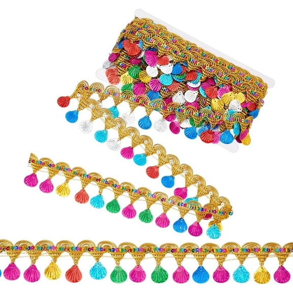 Polyester Colorful Tassel Lace Trim with Paillettes Gold Shell Shape 1-3/4 inch(45mm)