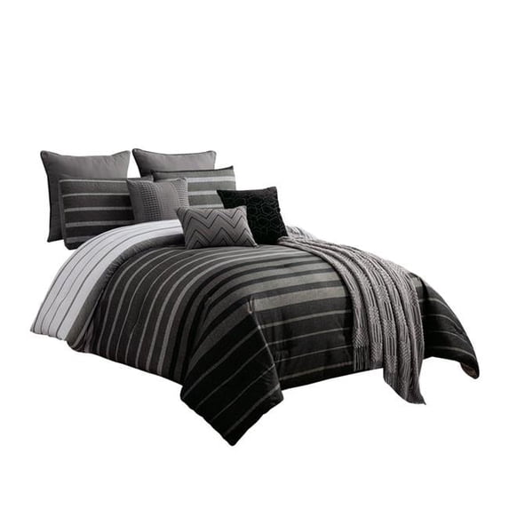 Polyester Comforter Set with Striped Details, Black & Gray - King Size - 10 Piece