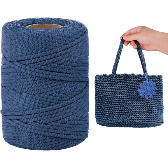 Polyester Cord, Macrame Cord 3mm x 100 Yards Flat Rope Crochet Polypropylene Yarn for Crocheting, DIY Bags, Hats, Shoes (Denim Blue) Denim Blue