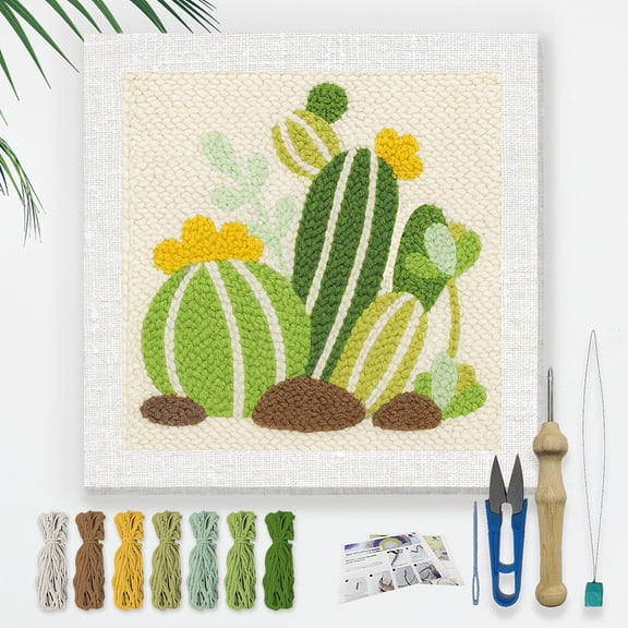 Polyester Cotton Punch Needle 4Folded Yarns Embroidery Kits Included Threader Cotton Thread Punch Needle Thread Clips 3.5MM Wooden Needle Cactus 240x240mm