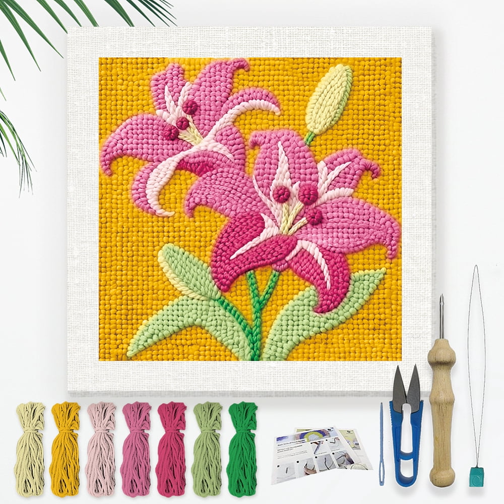 Polyester Cotton Punch Needle 4Folded Yarns Embroidery Kits Included Threader Cotton Thread Punch Needle Thread Clips 3.5MM Wooden Needle May Lily