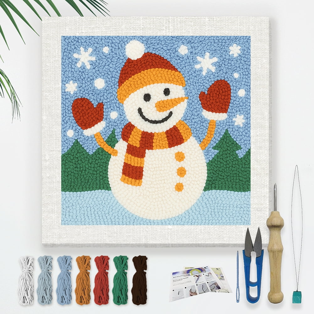 Polyester Cotton Punch Needle 4Folded Yarns Embroidery Kits Included Threader Cotton Thread Punch Needle Thread Clips 3.5MM Wooden Needle Snowman