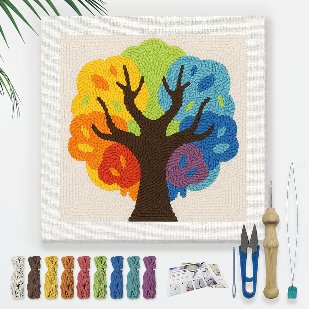 Polyester Cotton Punch Needle 4Folded Yarns Embroidery Kits Included Threader Cotton Thread Punch Needle Thread Clips 3.5MM Wooden Needle Tree