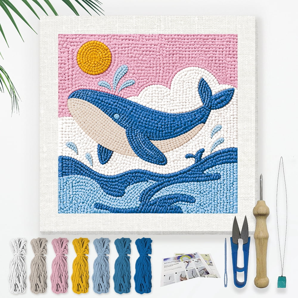 Polyester Cotton Punch Needle 4Folded Yarns Embroidery Kits Included Threader Cotton Thread Punch Needle Thread Clips 3.5MM Wooden Needle Whale