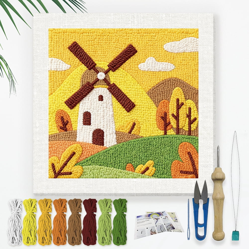 Polyester Cotton Punch Needle 4Folded Yarns Embroidery Kits Included Threader Cotton Thread Punch Needle Thread Clips 3.5MM Wooden Needle Windmill