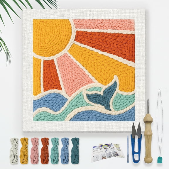 Polyester Cotton Punch Needle 8Folded Yarns Embroidery Kits Included Threader Cotton Thread Punch Needle Thread Clips 3.5MM Wooden Needle Sun 240x240mm