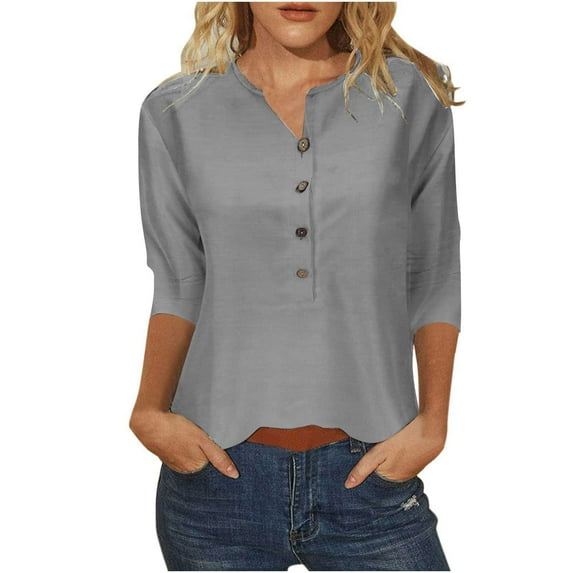 Polyester Cotton Tops Woman 3/4 Length Sleeve Henley Tee Shirts Button Loose Casual Summer Spring Clothes (X-Large, Gray)