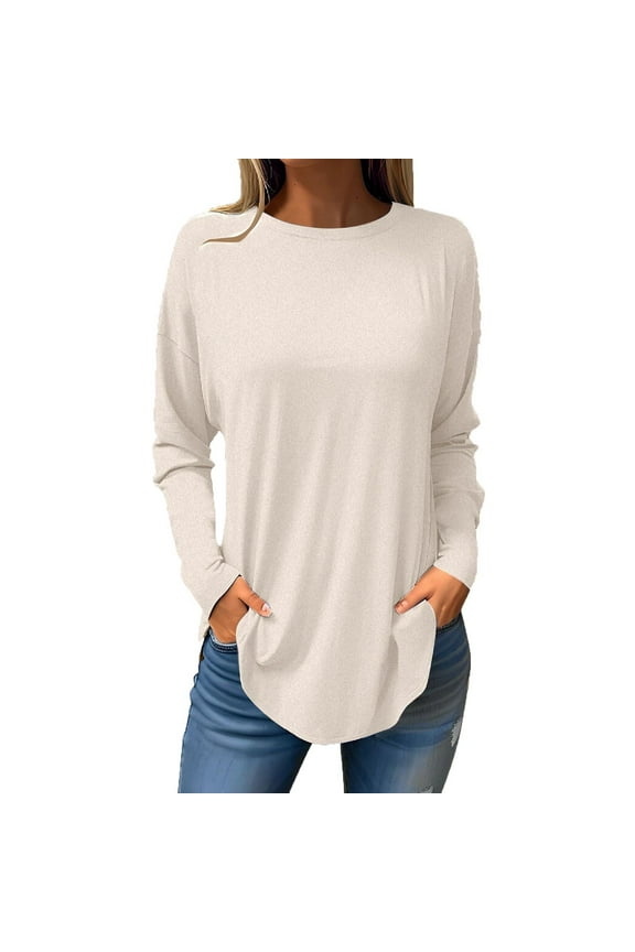 Polyester Cotton Tunic Tops for Women Fashion Casual Plain Crew Neck Long Sleeve T Shirts Curved Hem Basic Tees (Small, Beige)