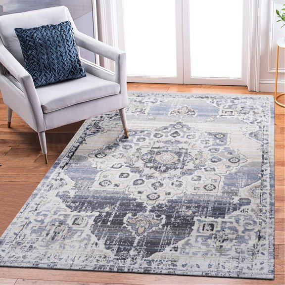 Polyester Cream and Blue Rug | Suitable for Multiple Home Rooms | Non-Shedding and Latex-Free with Cotton Backing