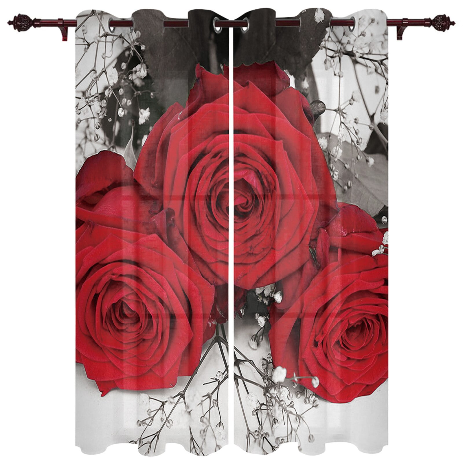 Polyester Curtain Red Rose Bright Kitchen Room Curtains In The Modern ...