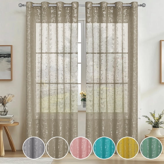 Polyester Curtains Window Treatments, Semi-transparent Sheer with Silver Embossed Pattern, Grommet Top for Bedroom Living Room Study, Water-resistant Home Decor, Topliu