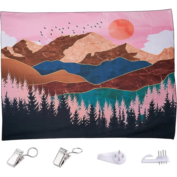 Polyester Decorative Wall Tapestry with Plastic Non-Trace Wall Picture Hooks and Iron Curtain Clips for Home Decoration Rectangle Colorful Mountain Pattern 59-1/8x78-3/4 inch(150x200cm)