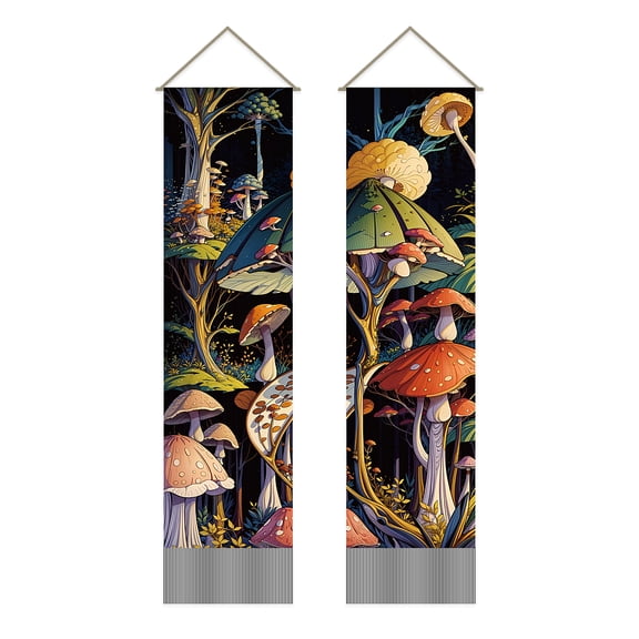 Polyester Decorative Wall Tapestrys for Home Decoration with Wood Bar Rope Rectangle Mushroom Pattern 1300x330mm diy