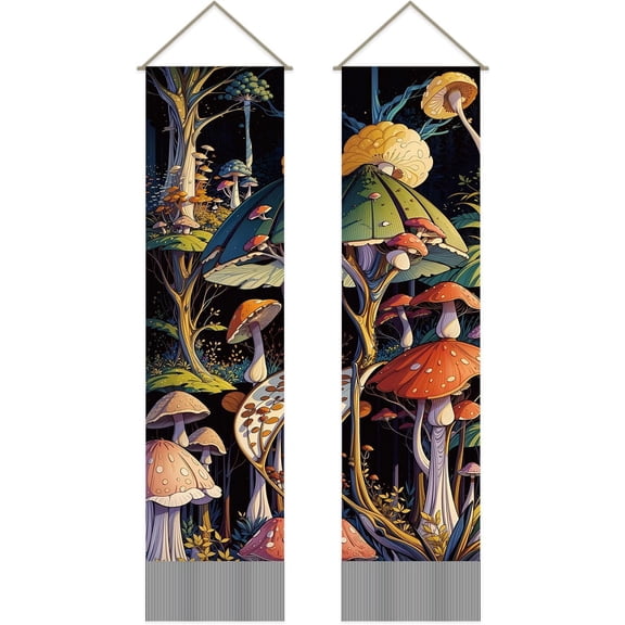 Polyester Decorative Wall Tapestrys for Home Decoration with Wood Bar Rope Rectangle Mushroom Pattern 1300x330mm