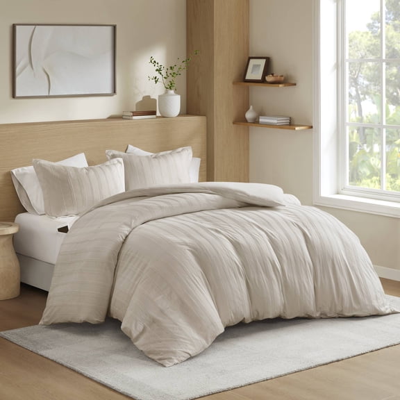 Polyester Duvet Set - 80"x90" Full/Queen, Neutral Striped Woven, 2 Pillow Shams