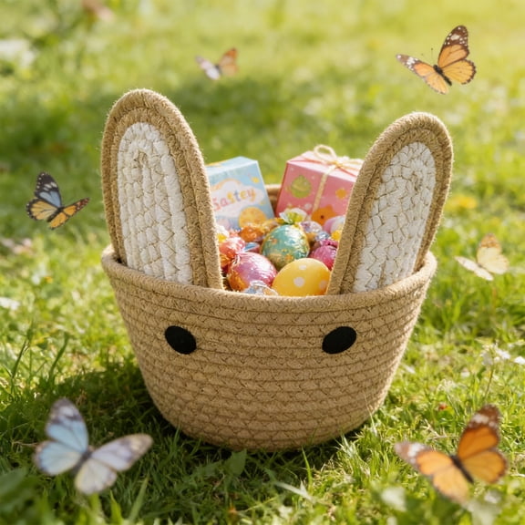 Polyester Easter Bunny Ear Woven Storage Basket, Cute Bunny Shape, Sturdy Durable, Versatile Multi-Use, Stylish Organizer for Easter Home Desktop Makeup Key Snack Egg Storage