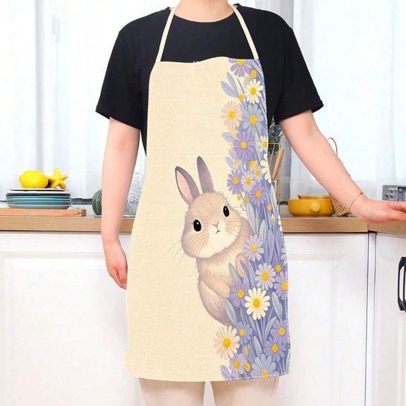 Polyester Easter Rabbit & Daisy Print Bib Apron For Kitchen Baking, Gardening, Painting