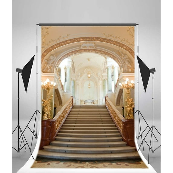 Polyester Elegant Palace Backdrop 5x7ft Grand Hall Luxury Building Interior Design Ceiling Lights Stairway Sculpture Wedding Lover Bride Girl Fashion