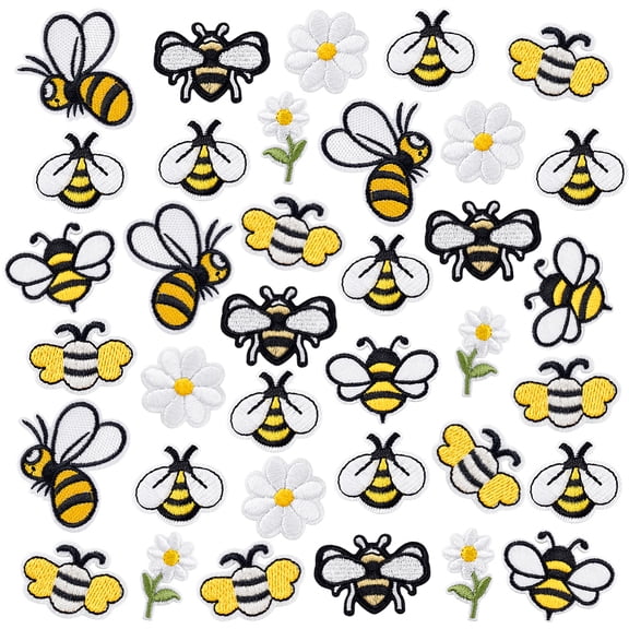 Polyester Embroider Thread Iron on Sew On Patches Hot Melt Adhesive Cloth Appliques Bees/Flower Mixed Color 24~36.5x17.5~48x1.2~2mm