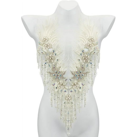 Polyester Embroidered Floral Lace Rhinestone Collar Neckline Trim Clothes Sewing Applique with Plastic Imitation Pearl Beads White 570x296x6.5mm