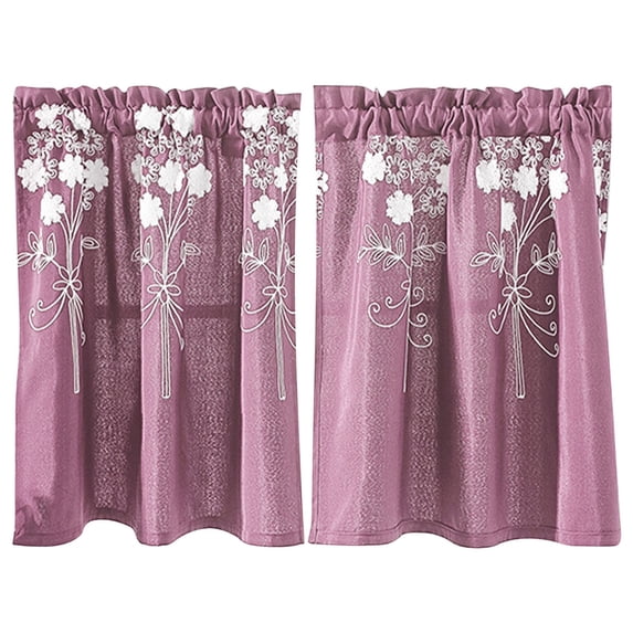 Polyester Embroidered Short Curtains with Bow Tie Checkered Border for Kitchen Bathroom Small Window Light Filtering Tier Cafe Curtains
