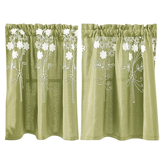 Polyester Embroidered Short Curtains with Bow Tie Checkered Border for Kitchen Bathroom Small Window Light Filtering Tier Cafe Curtains