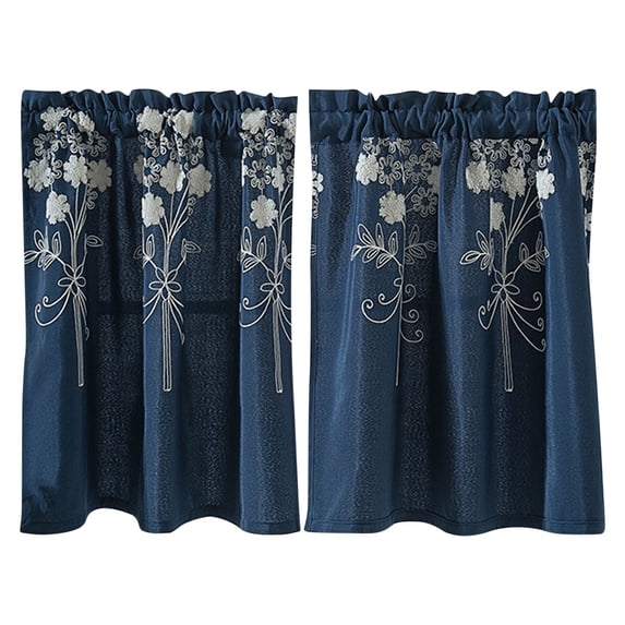 Polyester Embroidered Short Curtains with Bow Tie Checkered Border for Kitchen Bathroom Small Window Light Filtering Tier Cafe Curtains