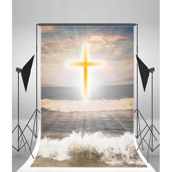 Polyester Fabric 5x7ft Photography the Cross Backdrop Seawaves Shine Rays Clouds Religious Faith Video Studio Props Child Baby Kids Portraits