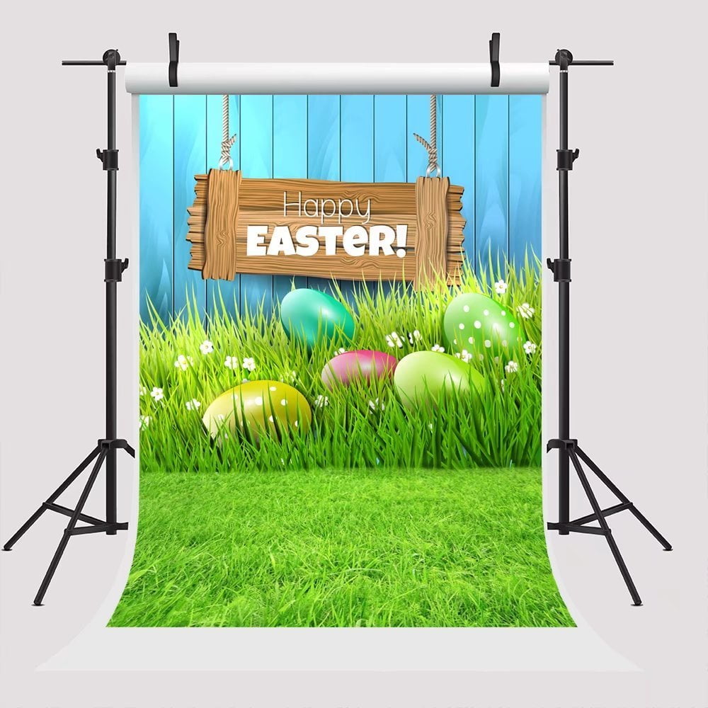 Polyester Fabric 7x5ft Happy Easter Backdrop Colorful Eggs Photography Background Blue Wood Wall Grass Floor Photo Booth Backdrop